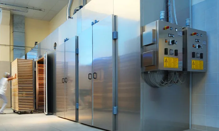 Worker pushing rack of baking trays into stainless steel commercial walk-in oven in industrial bakery.